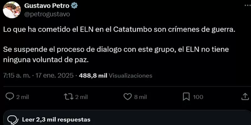 Gobierno suspendió diálogos de paz con el ELN (Presidencia)