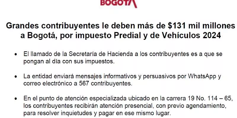 Grandes contribuyentes deben a Bogotá más de $ 131 mil millones por predial y vehículos (SHD)